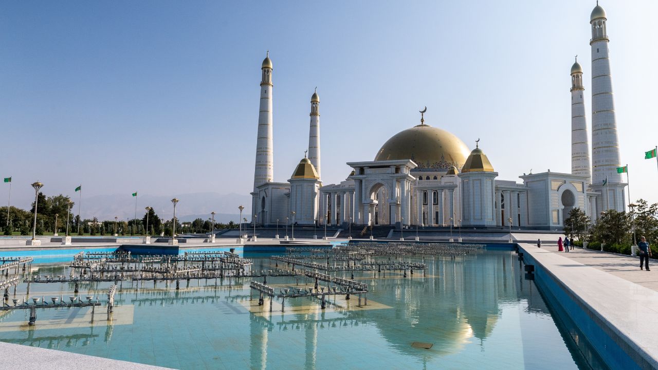 Ashgabat City, Turkmenistan - July 28, 2025. Exterior view of the Turkmenbasy Ruhy Mosque in Ashgabat.