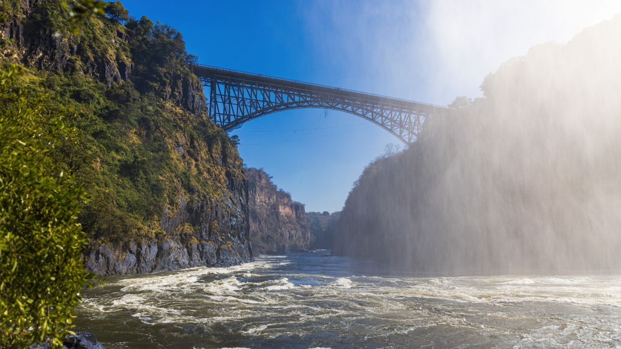 View of Bridge across the Zambezi River from the Boiling Pot. Victoria Falls.