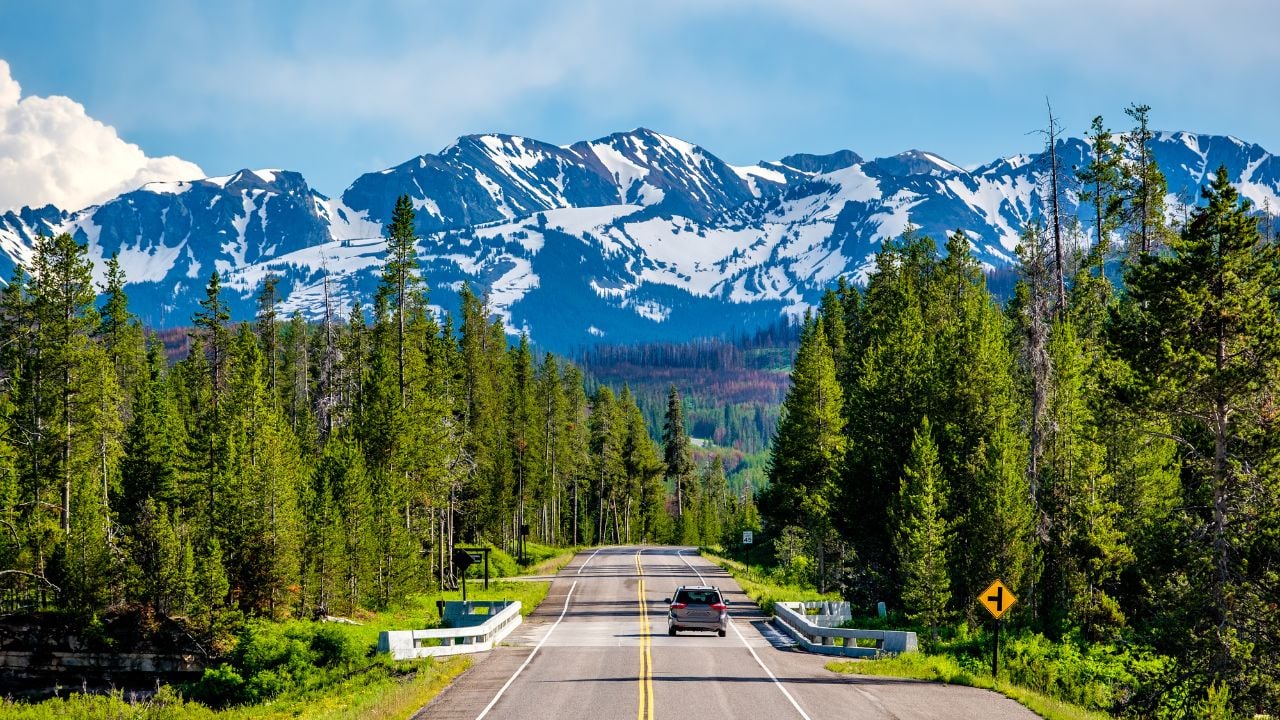 Road from Yellowstone National Park to Grand Teton National Park, Wyoming, USA