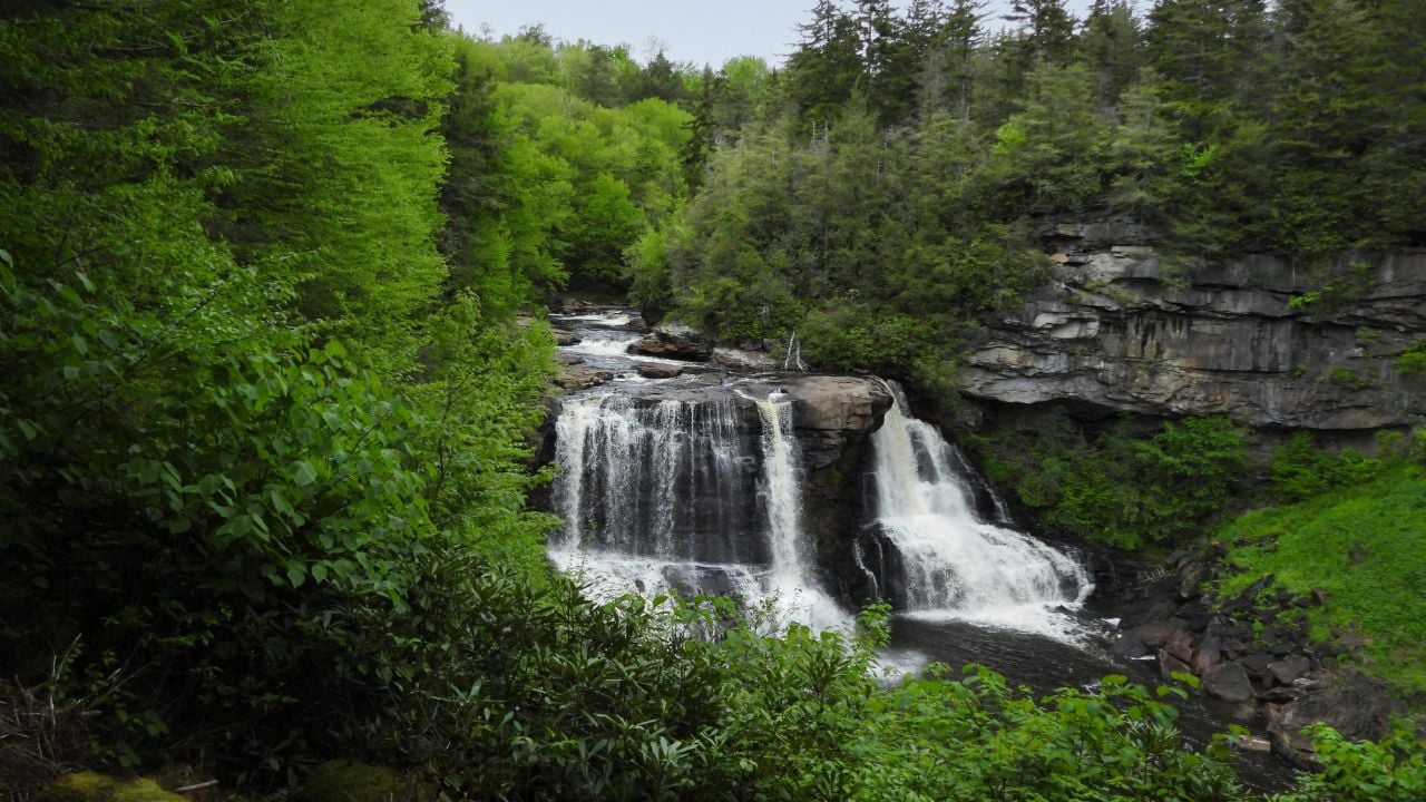 The scenic beauty of Blackwater Falls, nestled within the wilderness of Blackwater Falls State Park, Tucker County, Davis, West Virginia.