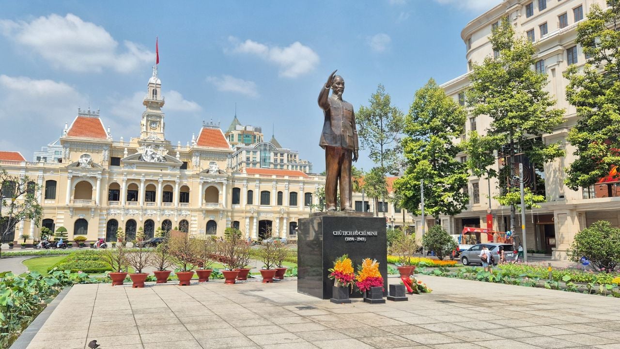 Ho Chi Minh City, Vietnam - 2 Feb, 2024: Statue of Ho Chi Minh in front of City Hall