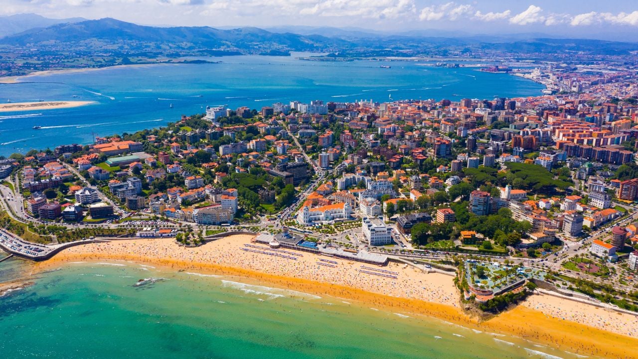 Aerial panoramic view of summer cityscape of Santander on coast of Atlantic ocean, Spain