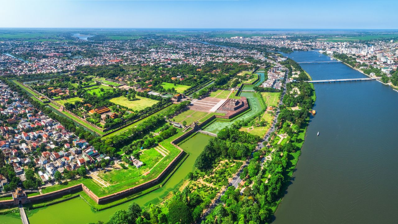 Aerial view of the Hue Citadel in Vietnam. Imperial Palace moat,Emperor palace complex, Hue Province, Vietnam