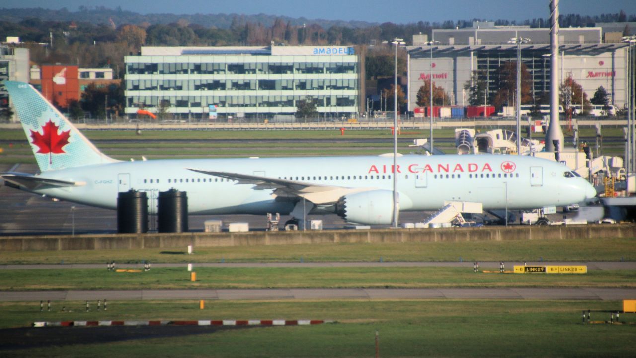 London in the UK on 5 November 2023. An Aeroplane on the Runway at London's Heathrow Airport