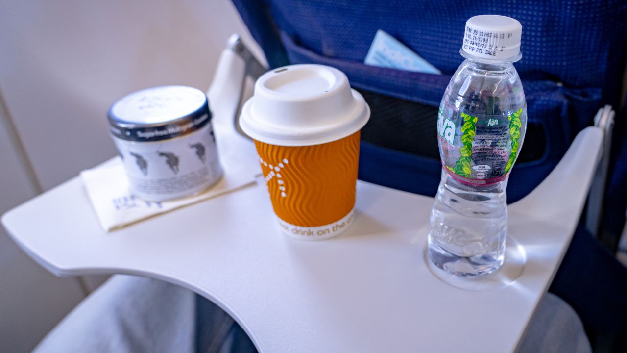 Chennai, India - June 9, 2021: Selective focus of Aava water bottle served as part of the in-flight refreshments on Indigo airlines.