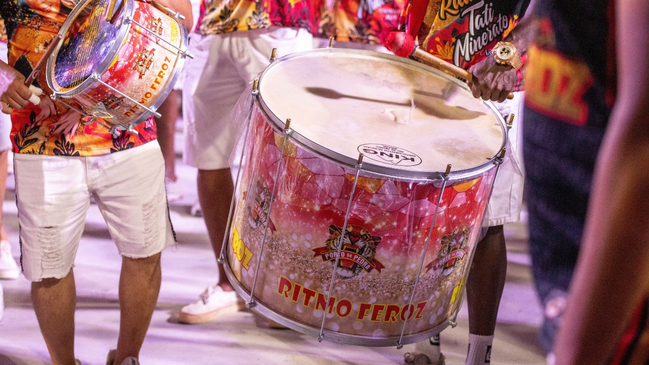 Drums at the Porto da Pedra Samba School in Rio de Janeiro, Brazil - January 7, 2024: Details of the technical rehearsal of the drums at the Porto da Pedra samba school.