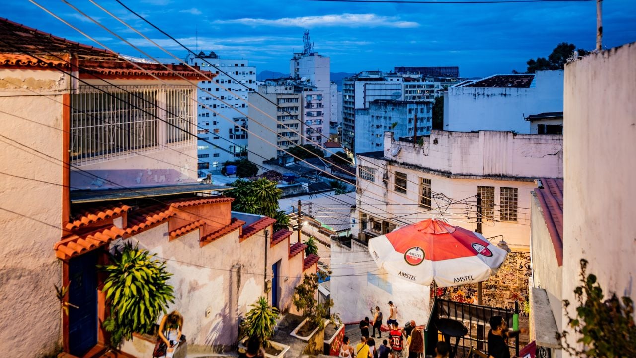 Rio de Janeiro, Brazil - January 2, 2024: Escadaria Selarón near Lapa in Rio de Janerio, Brazil with crowd of people at night