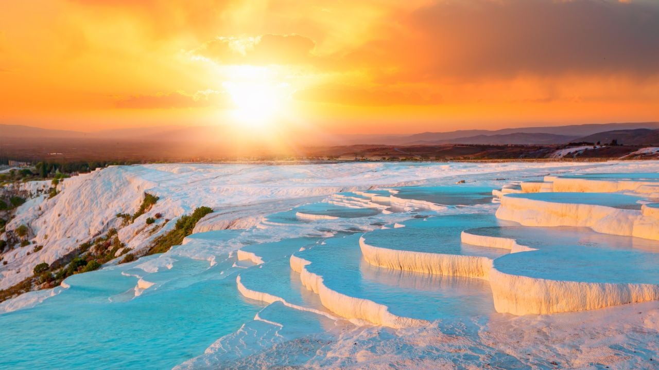 Natural travertine pools and terraces in Pamukkale. Cotton castle in southwestern Turkey