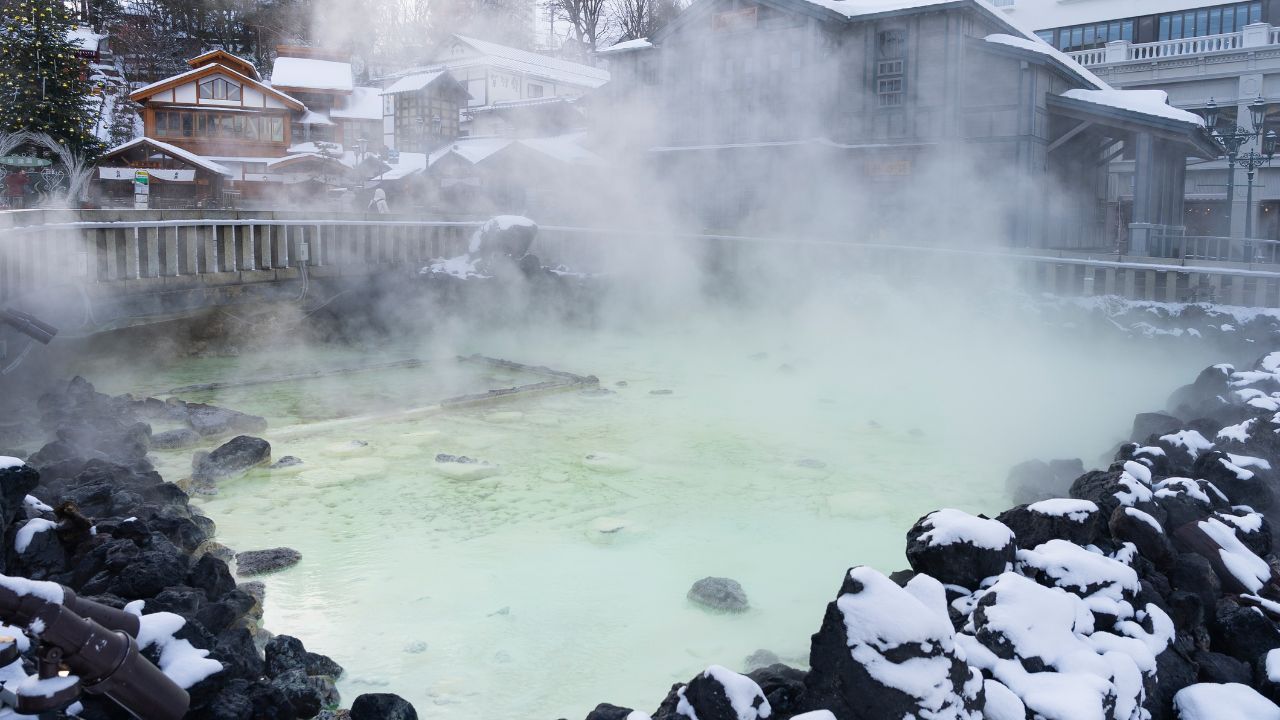 Kusatsu Onsen's hot spring fields in winter , Japanese translation " kusatsuonsen "