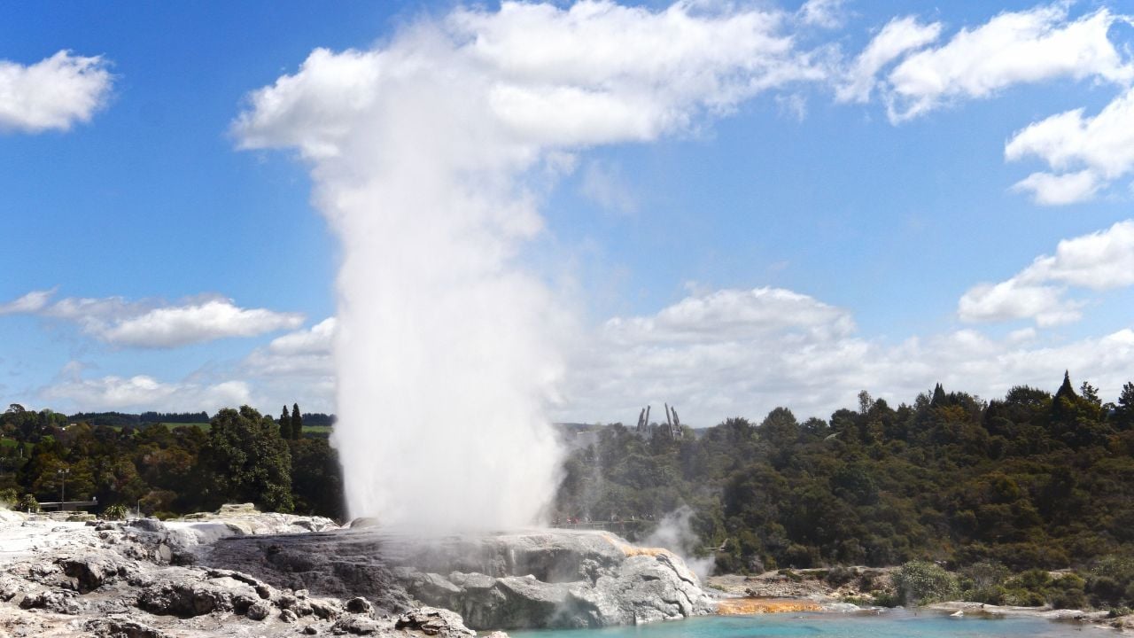 A spectacular view of Pohutu Geyser erupting in Rotorua, New Zealand