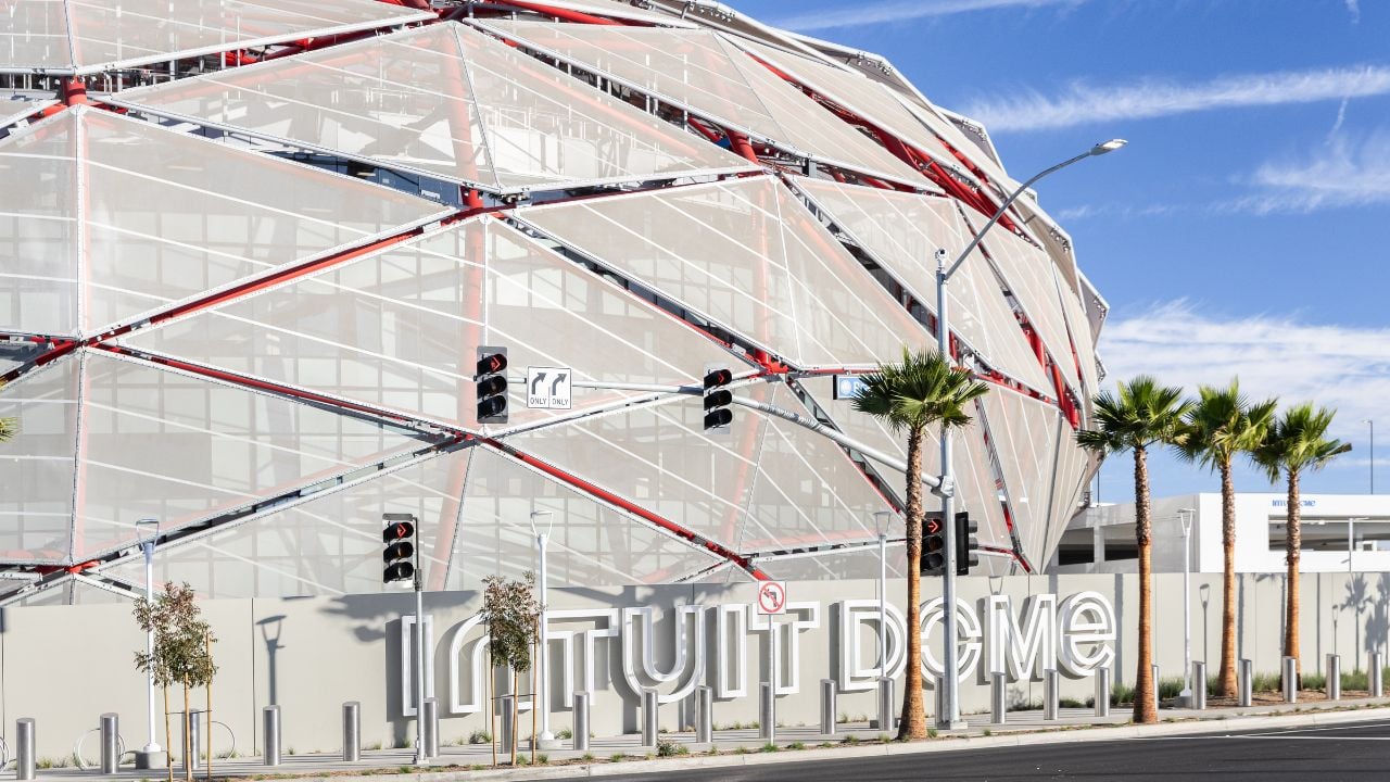 Inglewood, CA, USA - November 14, 2024: The Intuit Dome is an indoor arena hosting sports, concerts, and events. The stadium opened in 2024 near Sofi Stadium and Kia Forum.