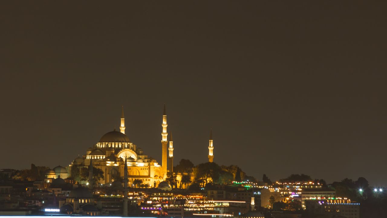 Suleymaniye Mosque at night. Ramadan concept photo. Noise included.