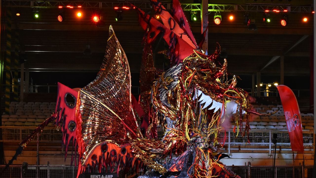 Port of Spain, Trinidad and Tobago - March 8, 2025- Carnival King Costume Entitled, 'Dralozo A Being From The Sun' on stage during Carnival Lagniappe 2025 at the Grand Stand, Queen's Park Savannah.