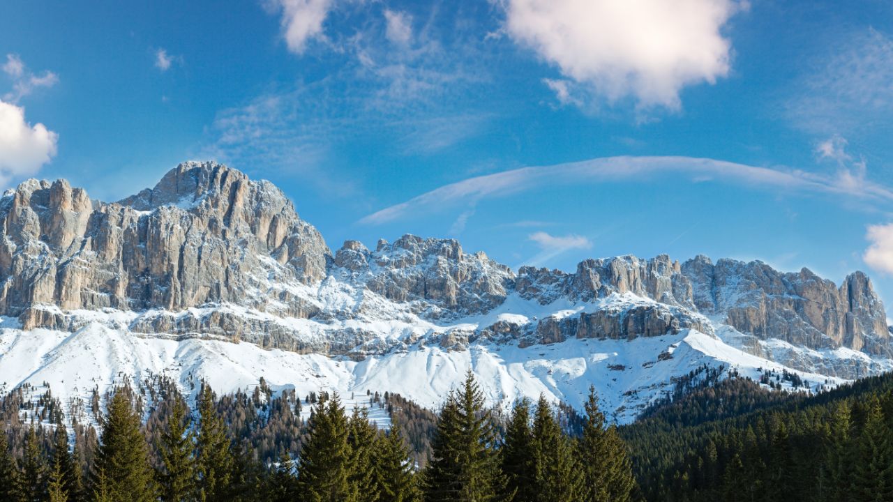Beautiful winter rocky mountain panorama. View from the Great Dolomites Road (Grande Giro delle Dolomiti), South Tyrol Dolomites, Italy.