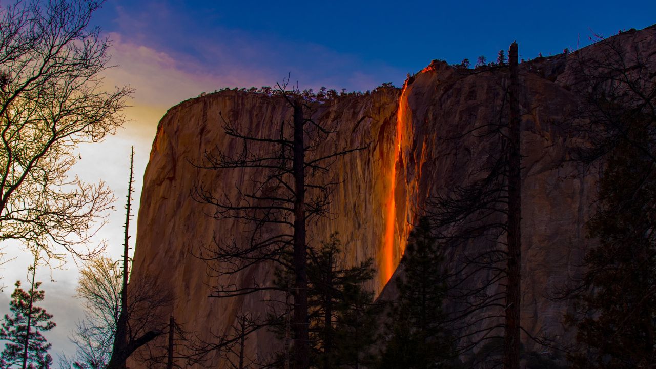 The view of Horsetail Fall, located in Yosemite National Park in California