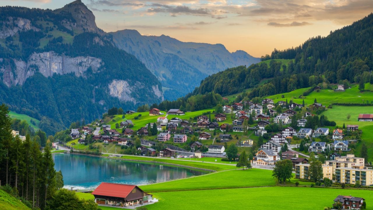 Eugenisee Lake in Engelberg, Switzerland with the Alps