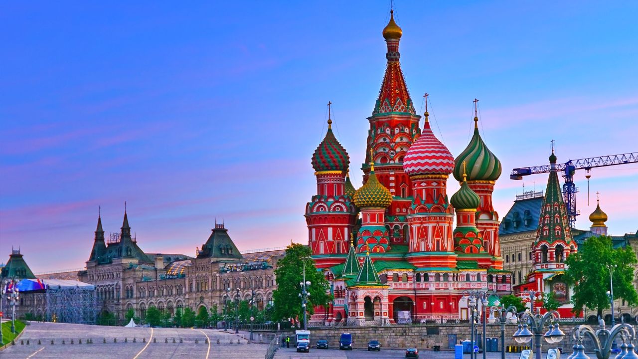 View of St. Basil's Cathedral on the Red Square at dawn in Moscow.