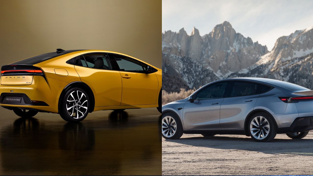 Toyota Prius and Tesla Model 3.