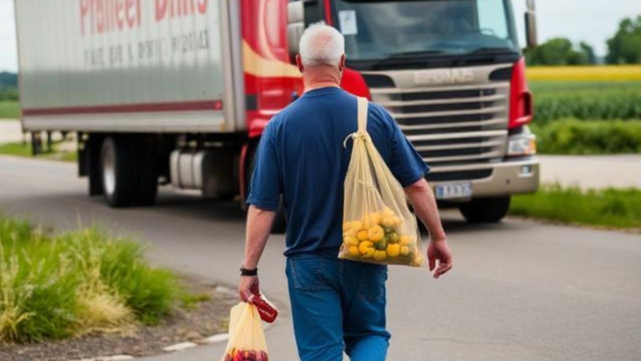 A man carrying a bag of fruits approaches a semi truck.