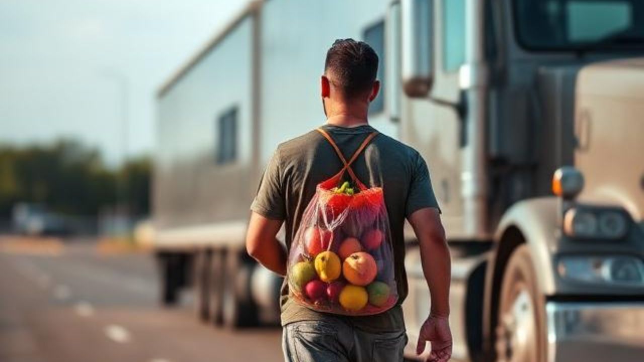 A man carrying a bag of fruits approaches a semi-truck.
