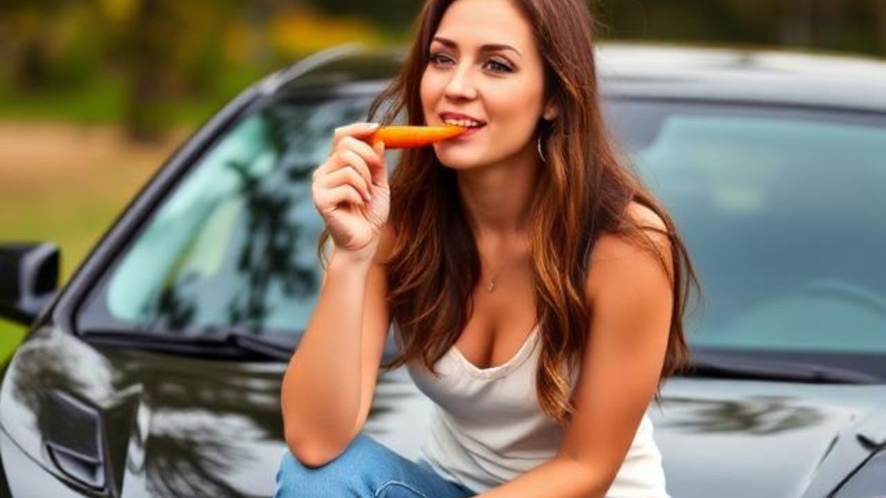 A woman eating carrots.