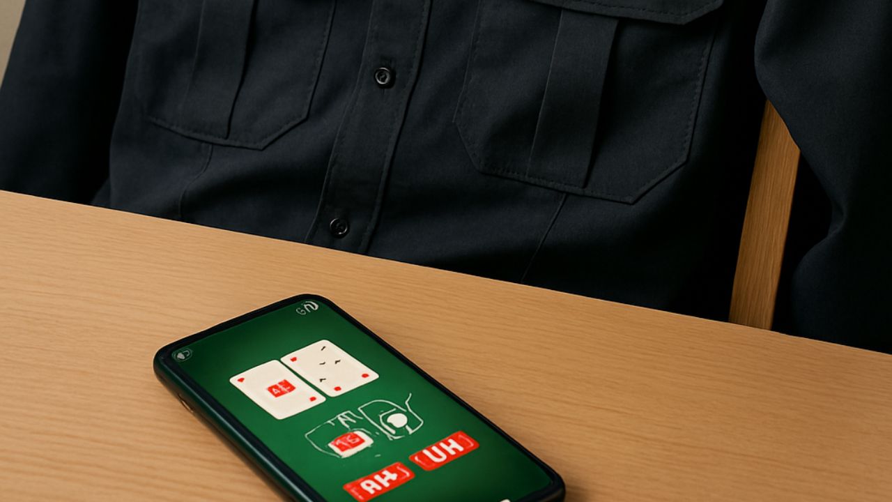 A prison officer's uniform draped on a chair behind a table with a phone on it.