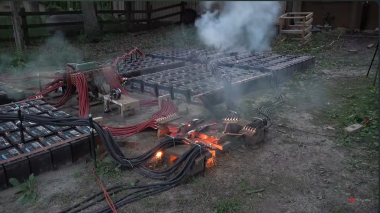 This DIY Experiment With 400 Car Batteries Turns Metal Into Plasma.