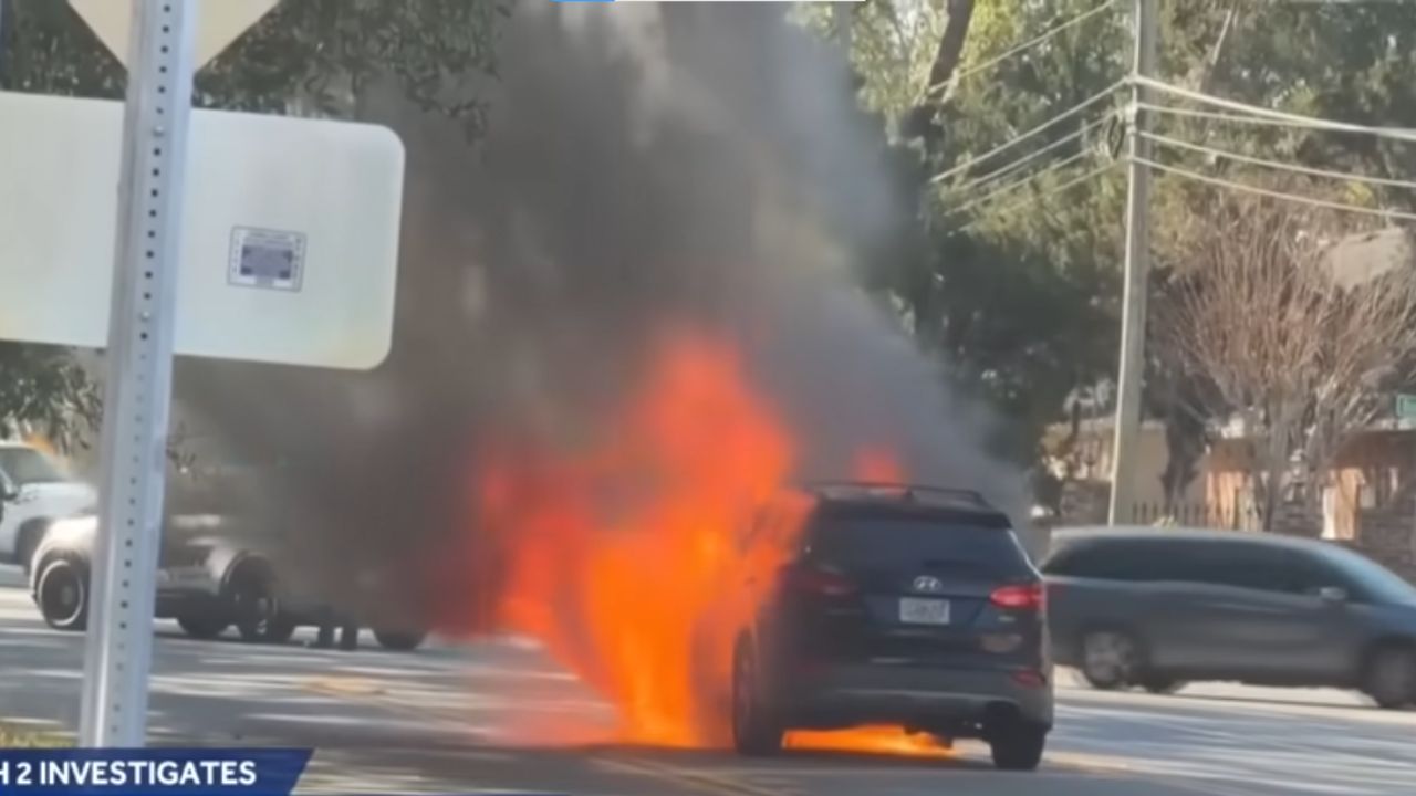 A burning car.