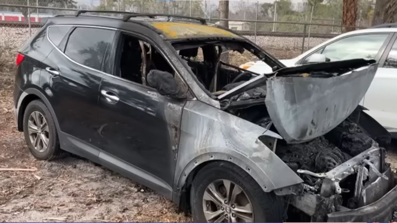 A burning car.