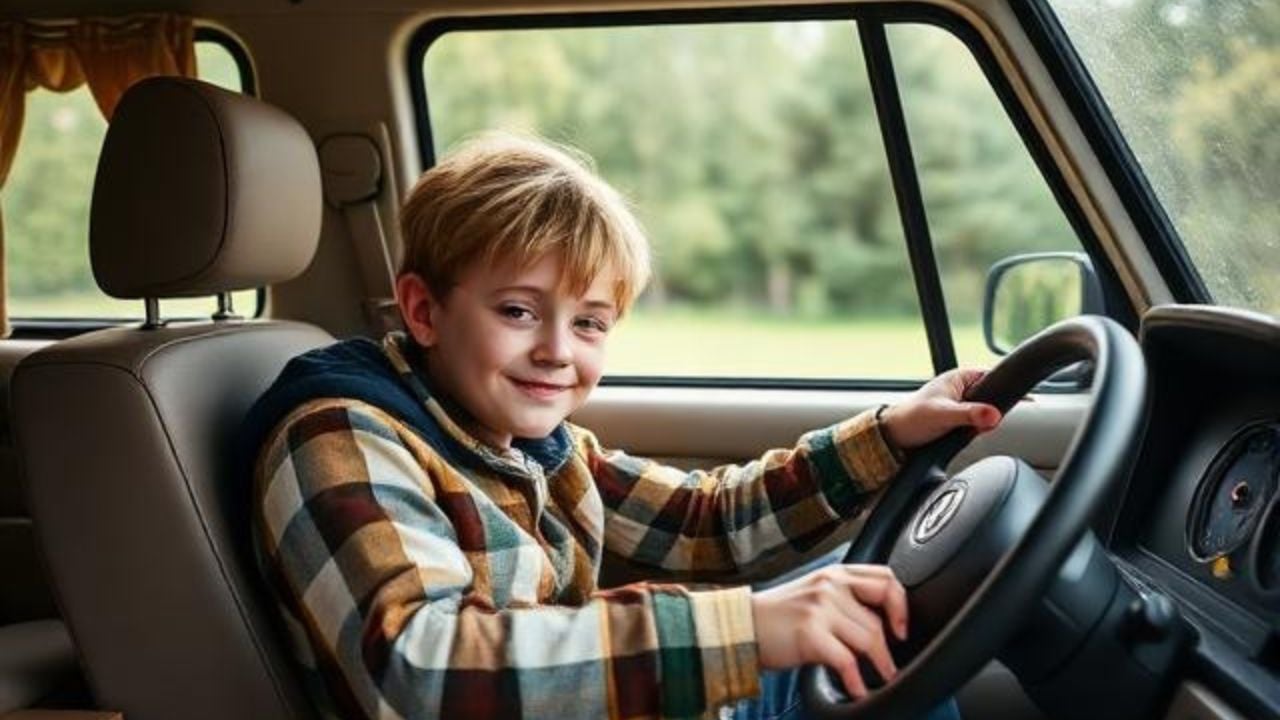 Kid driving a van.