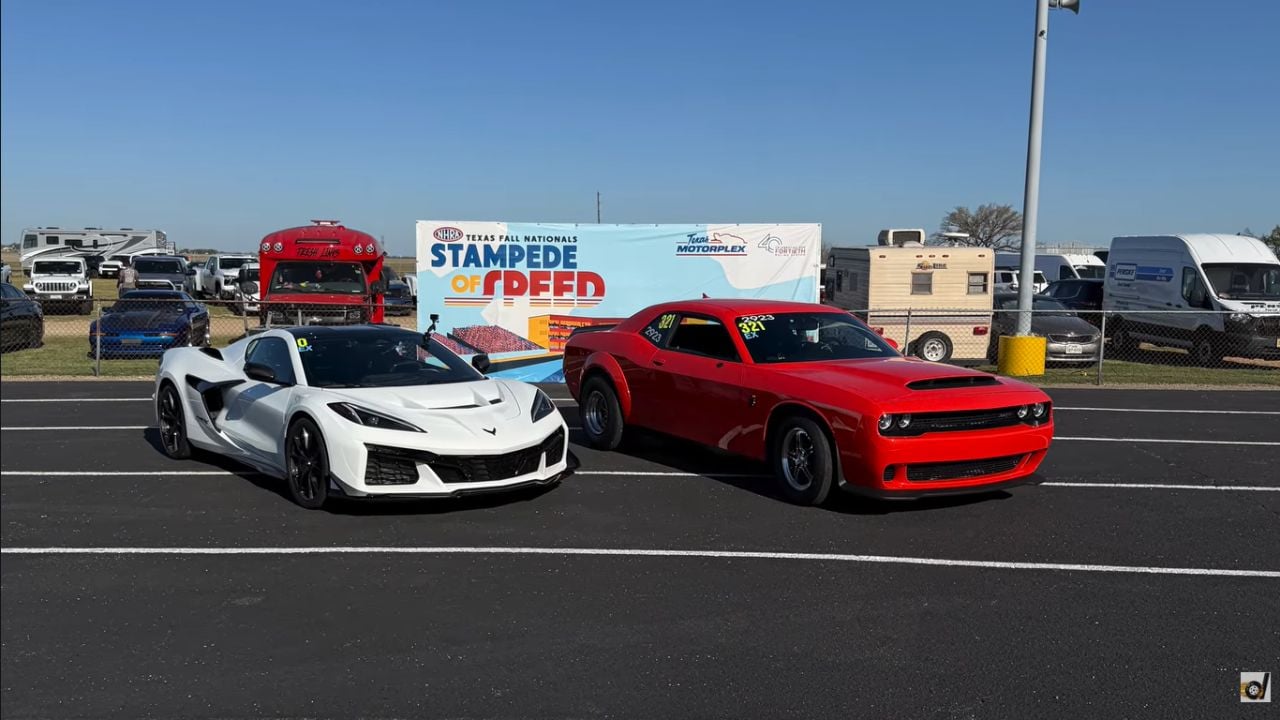 side-by-side shot of a Corvette ZR1X and Dodge Challenger Demon 170 before Drag Race