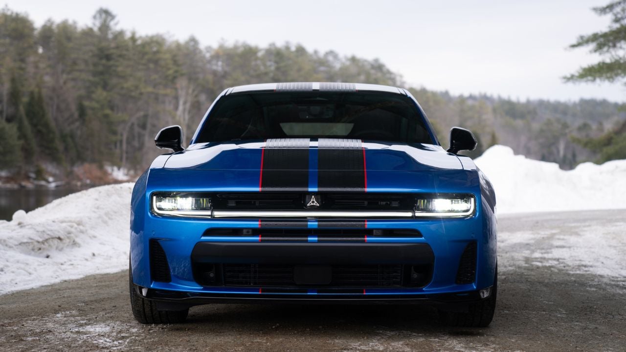 Front view of a Blue SIXPACK-powered 2026 Dodge Charger R/T parked