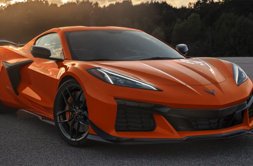 Front 3/4 shot of an orange C8 Chevrolet Corvette Z06 parked