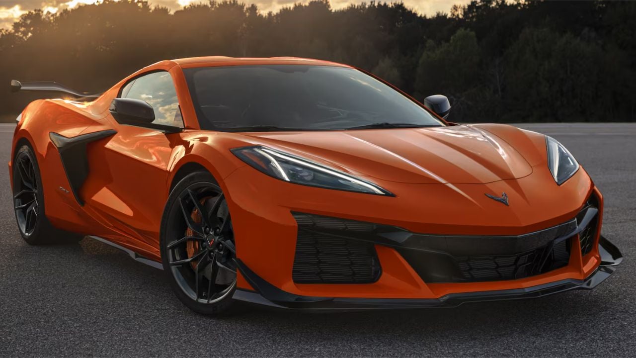 Front 3/4 shot of an orange C8 Chevrolet Corvette Z06 parked