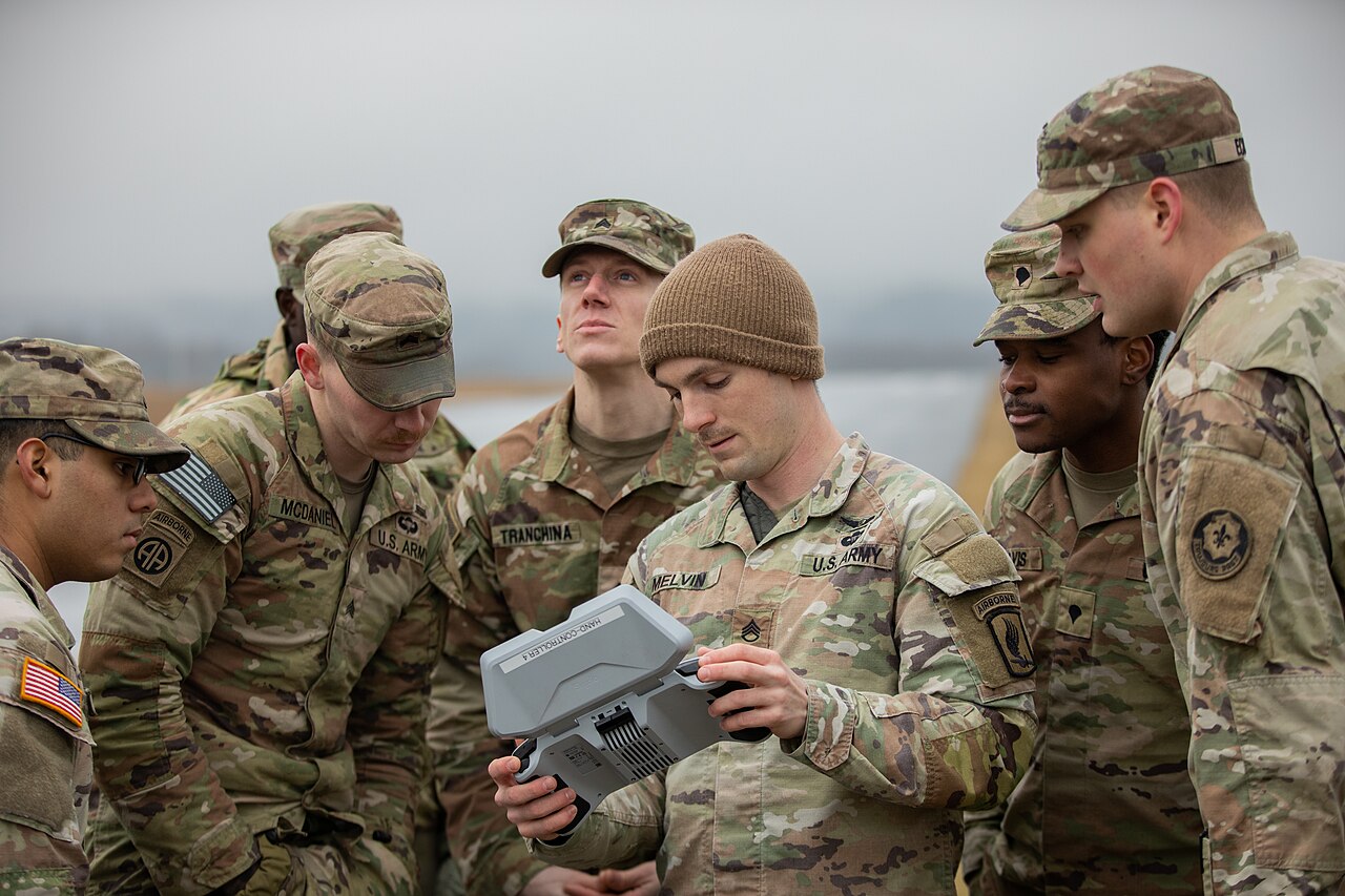 U.S. Army Staff Sgt. Jonathan Melvin, master trainer for small unmanned aerial systems, operates the Skydio X10D drone for a group of 2nd Cavalry Regiment Soldiers at Grafenwoehr Training Area, Bavaria, Germany, Feb. 13, 2025.