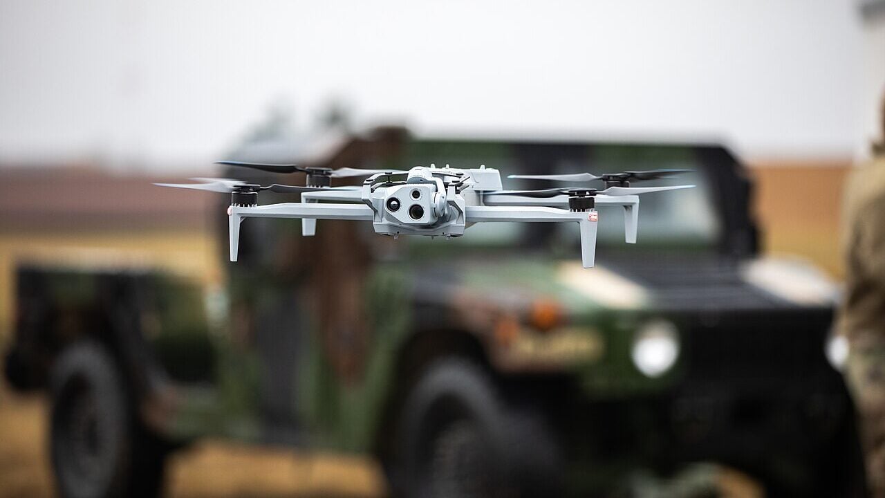 Skydio X10D drone flies during a counter-unmanned aerial systems training exercise at Grafenwoehr Training Area, Bavaria, Germany, Feb. 13, 2025.