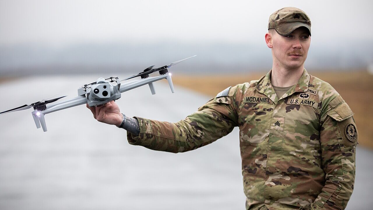 U.S. Army Sgt. Nolan McDaniel, assigned to 2nd Cavalry Division, collects the Skydio X10D drone at Grafenwoehr Training Area, Bavaria, Germany, Feb. 13, 2025.