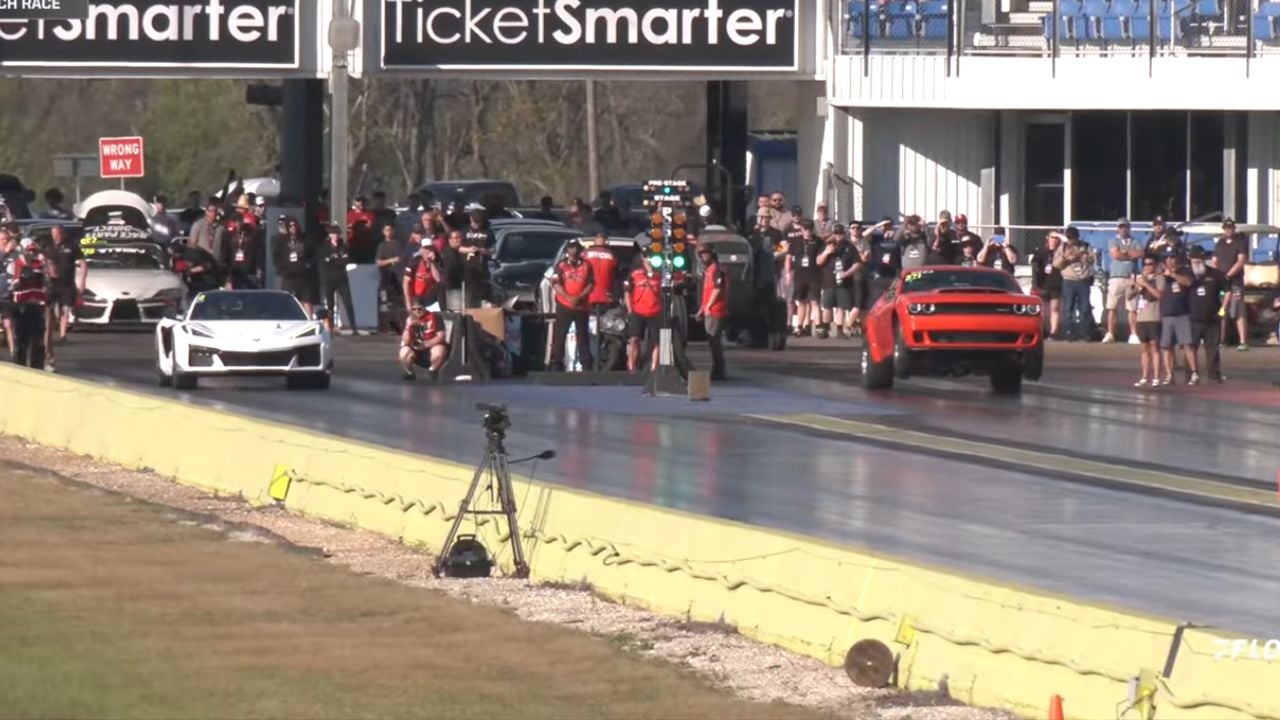 Shot of a Corvette ZR1X Vs Dodge Challenger Demon 170 Drag Race launch