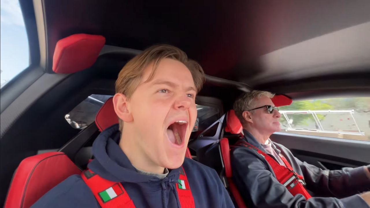 Two men inside a Lamborghini Sesto Elemento