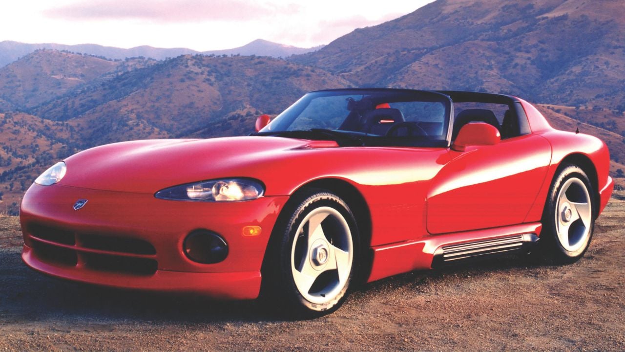Front 3/4 shot of a red Gen 1 1993 Dodge Viper parked