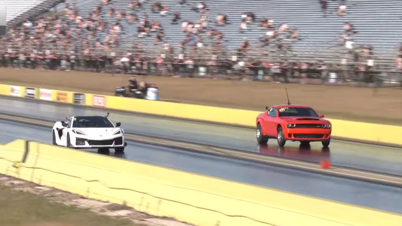 Shot of a Corvette ZR1X Vs Dodge Challenger Demon 170 Drag Race