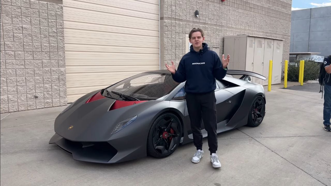 Front three-quarter shot of a Lamborghini Sesto Elemento parked with owner nearby