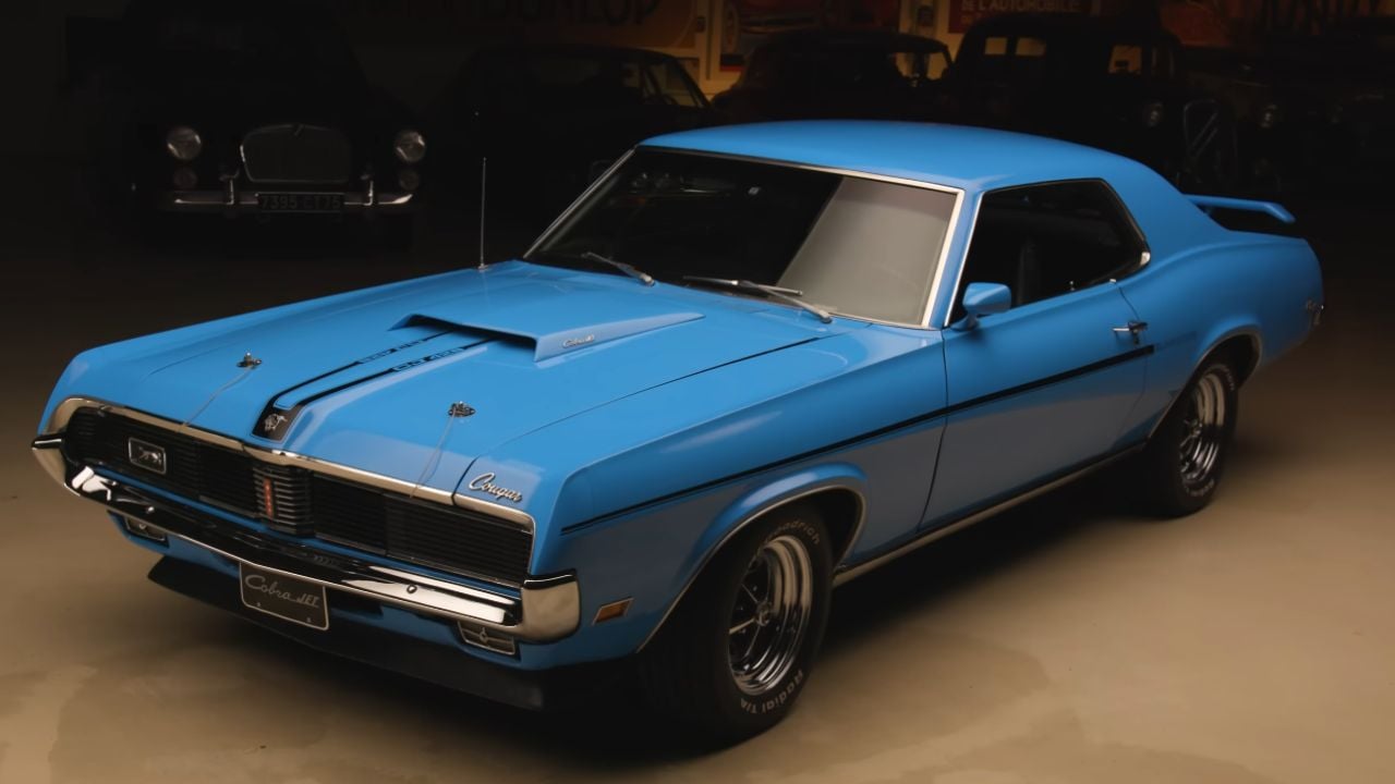 Front 3/4 shot of a Competition Blue 1969 Mercury Cougar Eliminator featured on Jay Leno's Garage