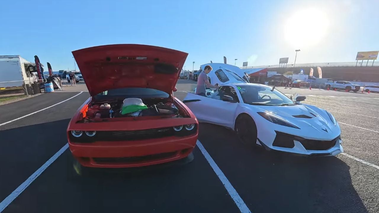 side-by-side shot of a Corvette ZR1X and Dodge Challenger Demon 170 before Drag Race