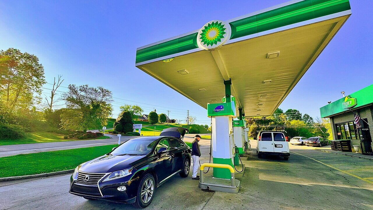 A modern BP gas station or filling station in the United States.