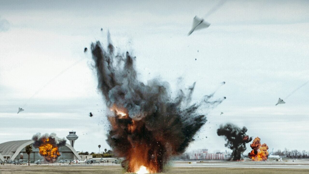 An artist's impression of Shahed-136 drones swarming an airport.