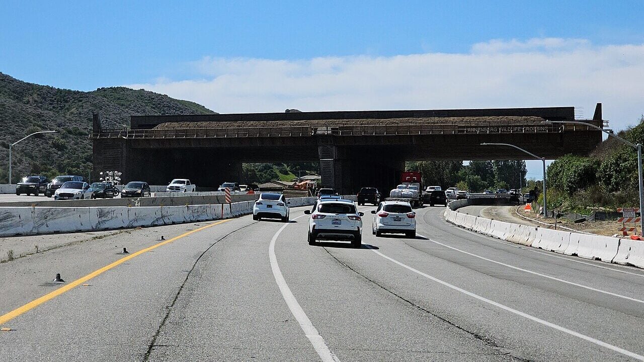 Westward view on US 101 in Agoura Hills towards the Annenberg Wildlife Crossing in April, 2025.