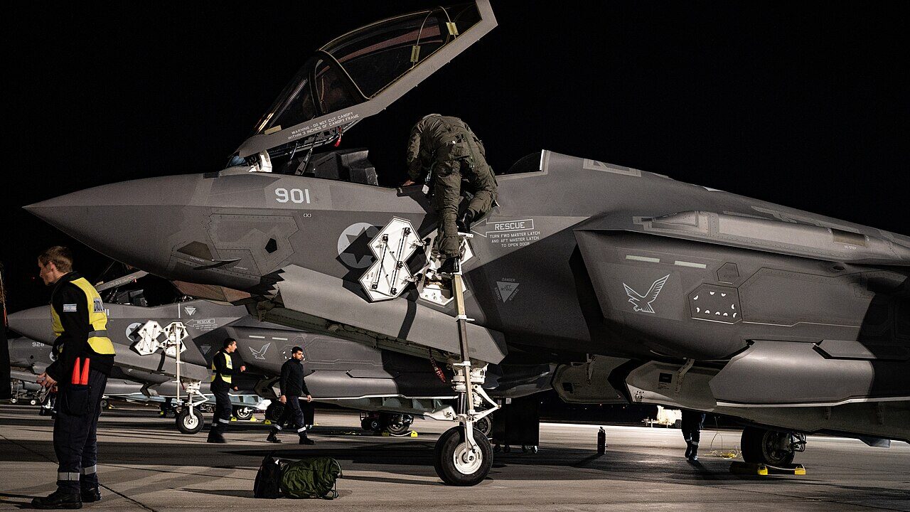 An Israeli Air Force pilot climbs into an F-35I Adir prior to a Red Flag-Nellis 23-2 mission at Nellis Air Force Base, Nevada, March 16, 2023. Red Flag is an opportunity to build on the success of JUNIPER OAK 23-2, JUNIPER FALCON, and additional combined exercises to enhance interoperability with Israel, strengthen bilateral cooperation, and improve capabilities in ways that enhance and promote regional stability and reinforce the United States’ enduring commitment to Israel’s security. (U.S. Air Force photo by Airman 1st Class Trevor Bell)
