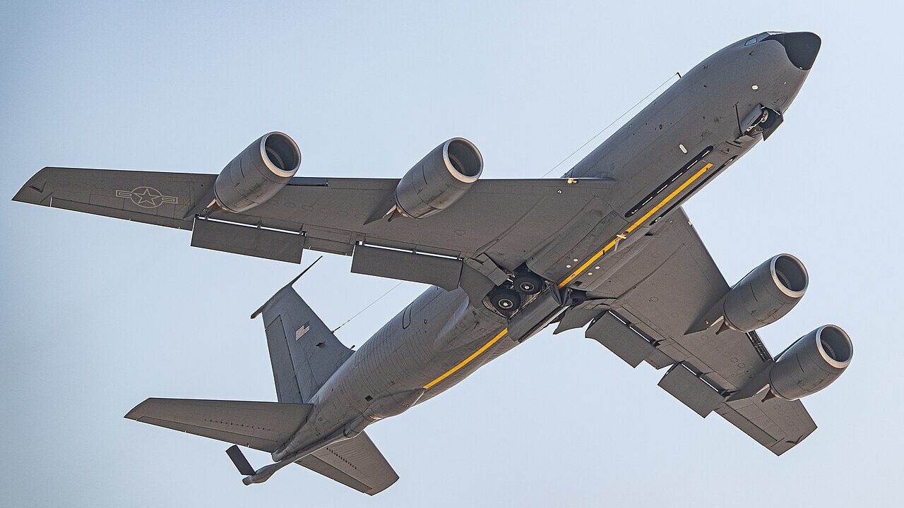 A U.S. Air Force KC-135 Stratotanker aircraft takes off within the U.S. Central Command area of responsibility, Oct. 15, 2025. The KC-135 is the primary aerial refueling asset that directly enhances global reach capabilities for U.S., allied, and coalition aircraft. Its in-air refueling mission allows continuous presence and power projection from anywhere in the region. (U.S. Air Force photo by Tech. Sgt. Justin Norton)