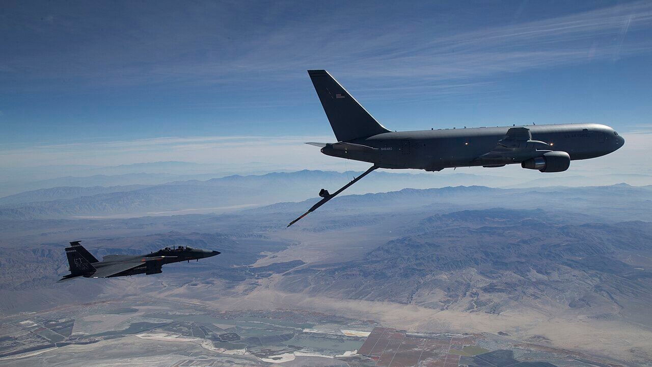 Boeing KC-46A Pegasus aerial refueling aircraft connects with an F-15 Strike Eagle test aircraft from Eglin Air Force Base, Florida, on Oct. 29th, 2018.